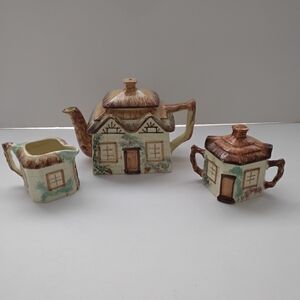 Vintage Keele St. Pottery Cottage Teapot, Sugar Bowl & Creamer Set